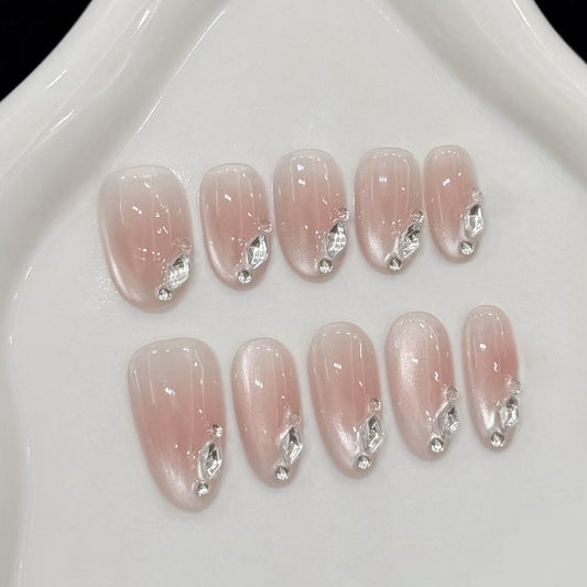 Glamorous Elegance Medium Oval Blush Pink with Sparkling Crystal Accents Press On Nail Set