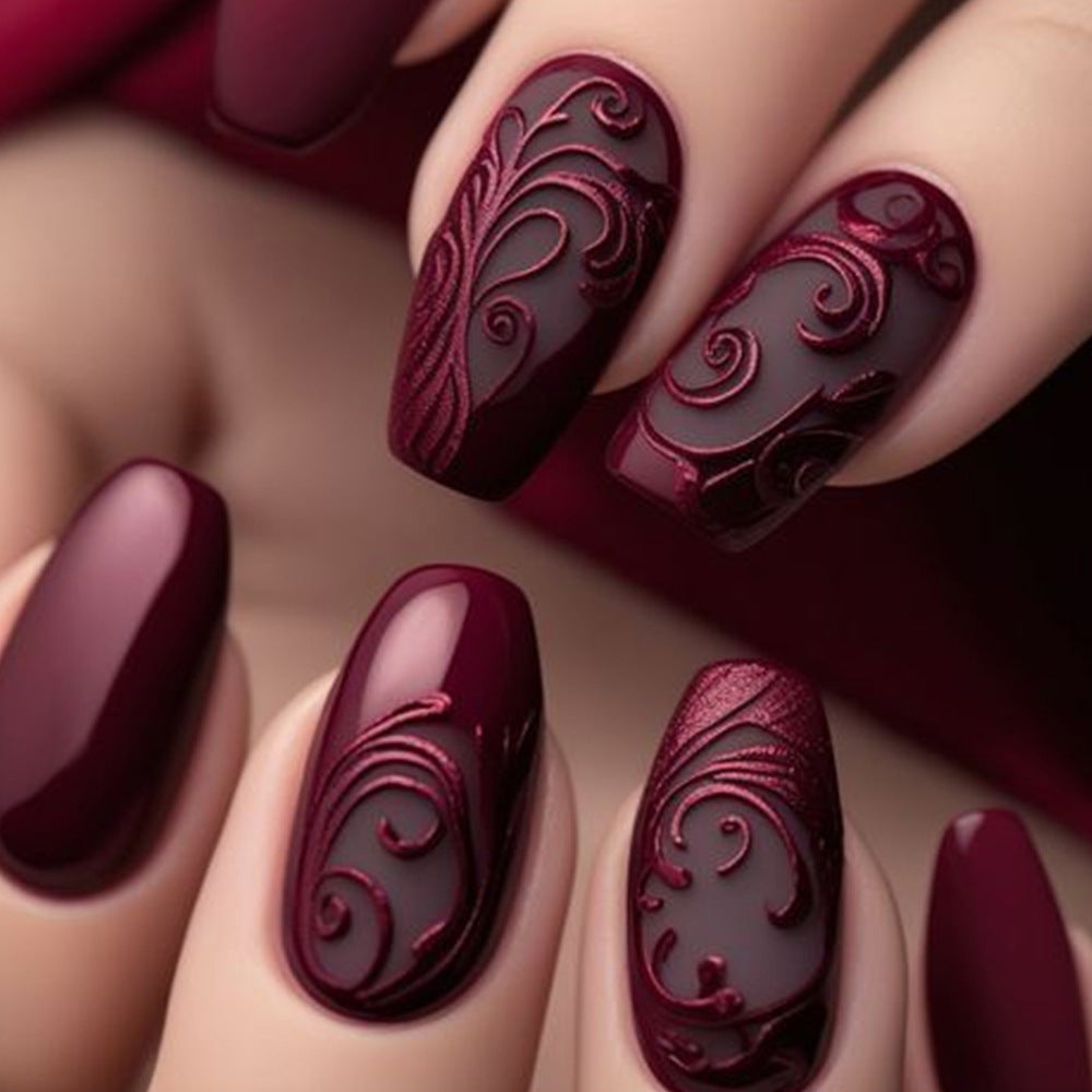 Elegant Midnight Charm Long Coffin Deep Burgundy with Intricate Embossed Design Press On Nail Set