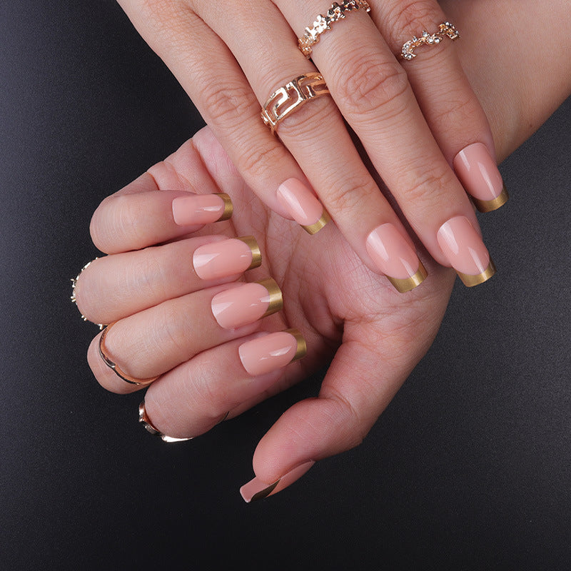Elegant Sunset Long Square Blush Pink Press On Nail Set with Gold Tips and Glossy Finish