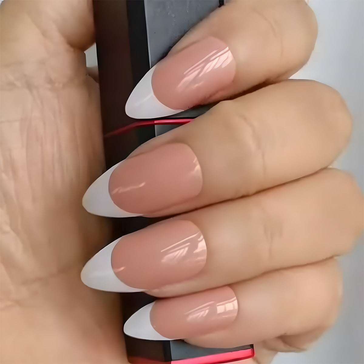 Elegant French Tip Almond Press On Long Nail Set in Perfectly Polished Beige and White with High Gloss Finish