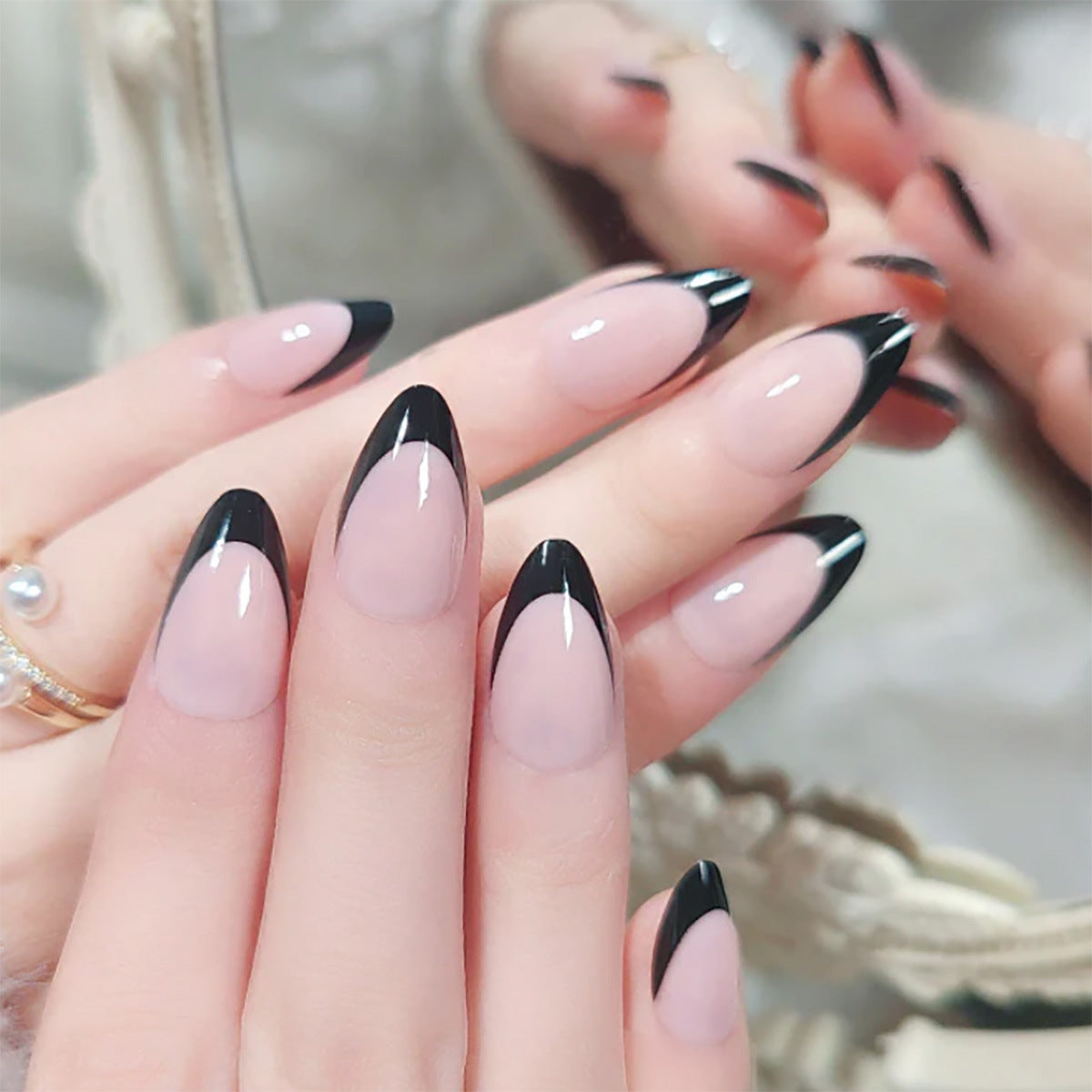 Elegant Midnight Chic Long Almond Shaped Press On Nail Set in Black and Beige with Stylish Two Tone Design