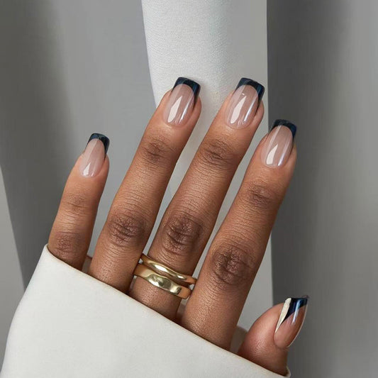 Elegant Midnight Charm Medium Square Transparent with Black Tips Nail Set