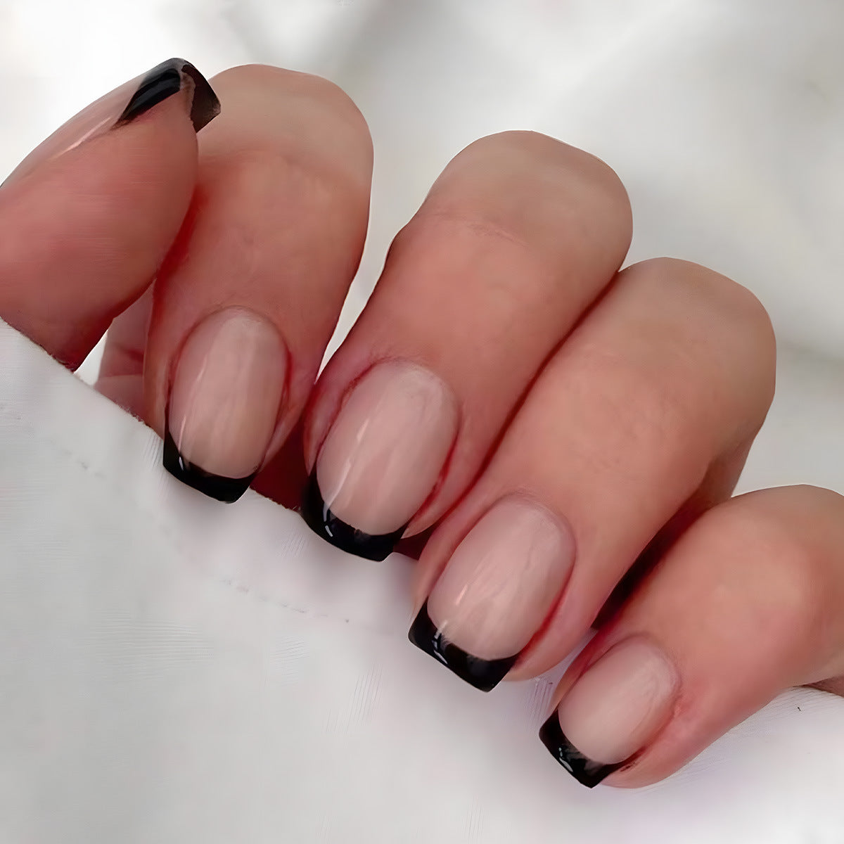 Gothic Elegance Short Square Length Natural Beige with Black Tips Press On Nail Set