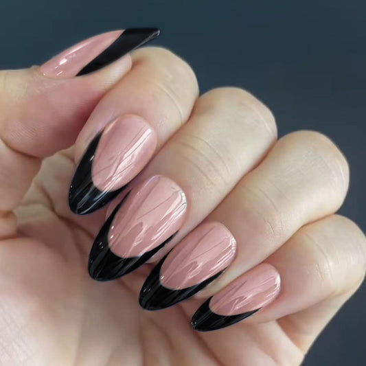 Elegant Nightfall Medium Almond Shaped Blush and Onyx with Glossy Finish Press-On Nail Set