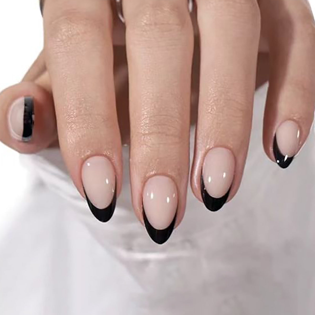 Mystical Elegance Short Almond Shaped Soft Pink and Bold Black Tips with Glossy Finish Press On Nail Set