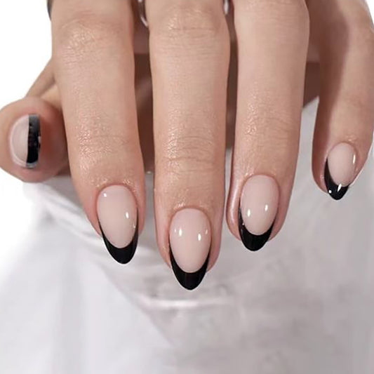 Mystical Elegance Short Almond Shaped Soft Pink and Bold Black Tips with Glossy Finish Press On Nail Set