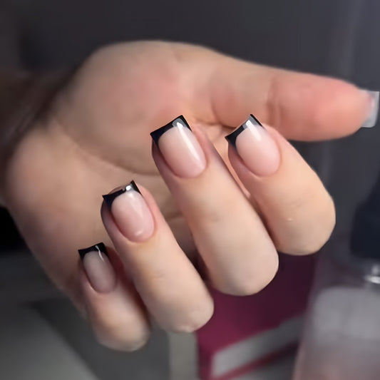 Chic Noir Elegant Short Square Clear with Black Tip Highlight Press on Nail Set