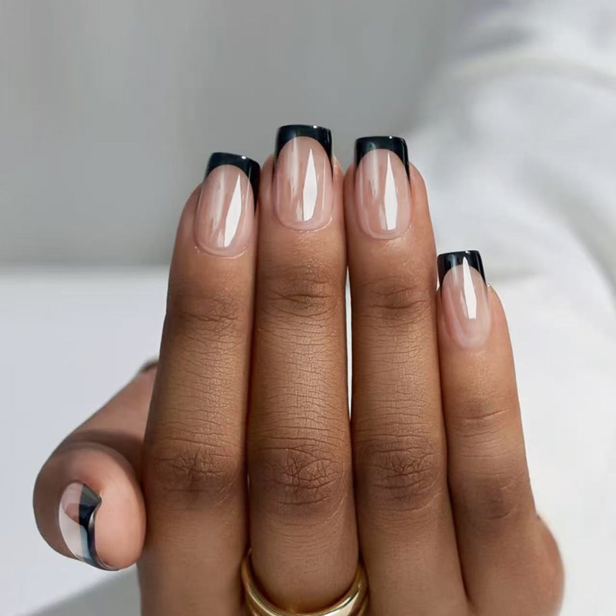Elegant Noir Chic Short Square Clear with Black French Edge Press On Nail Set