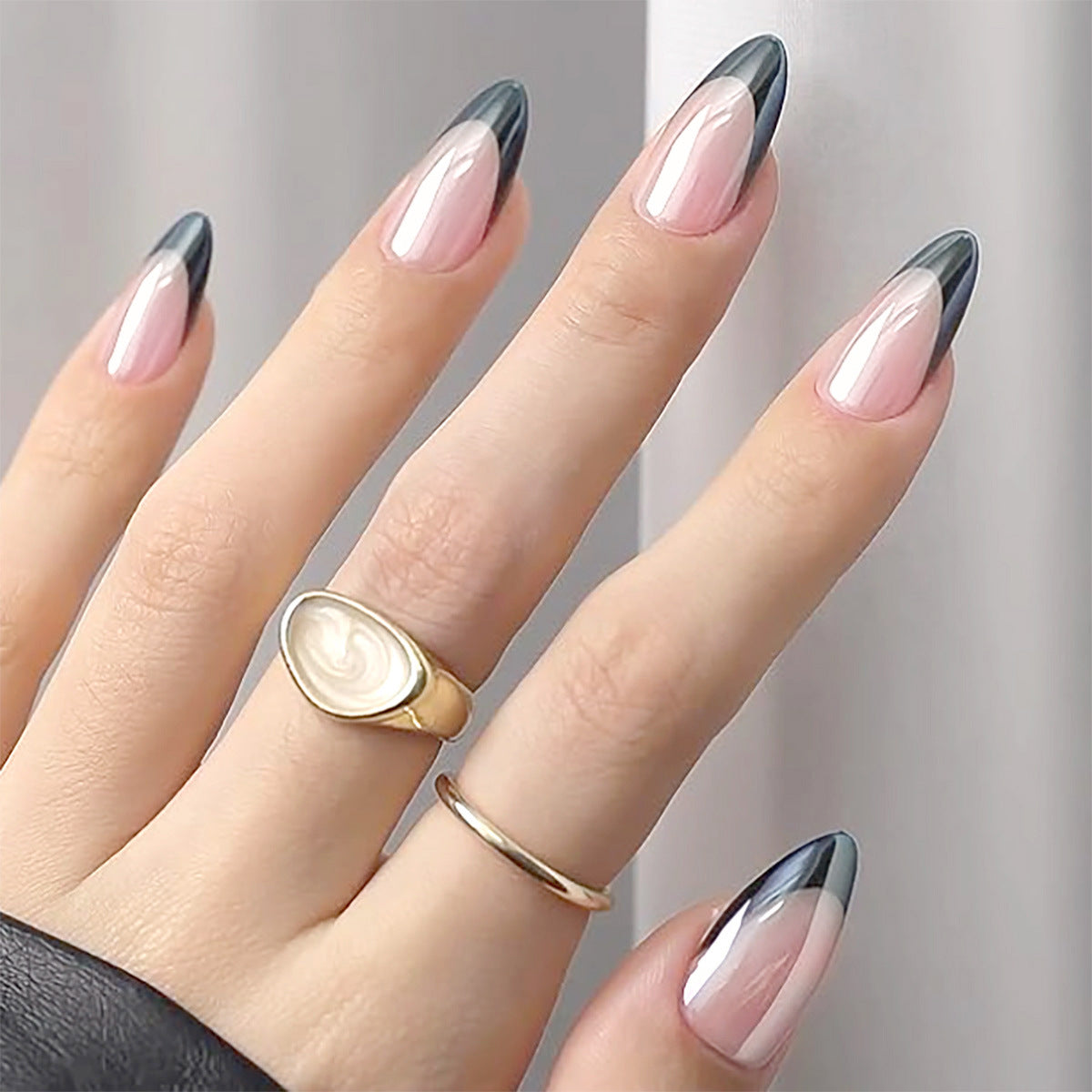 Mystical Elegance Short Almond Ombre Pink and Black Press On Nail Set with Glossy Finish