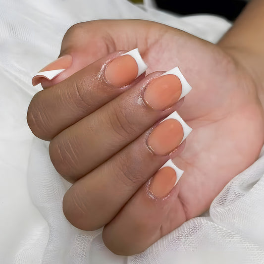 Elegant Floral Inspired Short Square Peach Press-On Nail Set with Unique White Tip Design