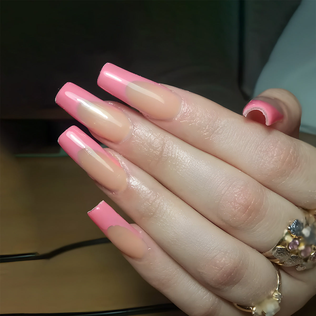 Chic Sunset Dream Long Square Pink Ombre Press On Nail Set with Glossy Finish