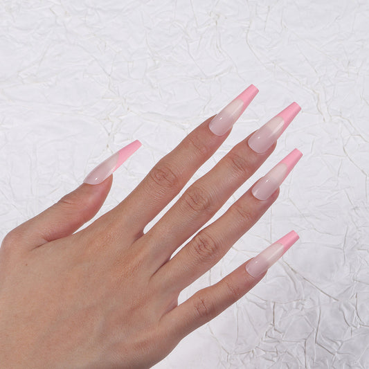 Chic Elegance Long Coffin Ombre Pink Press On Nail Set with Glossy Finish