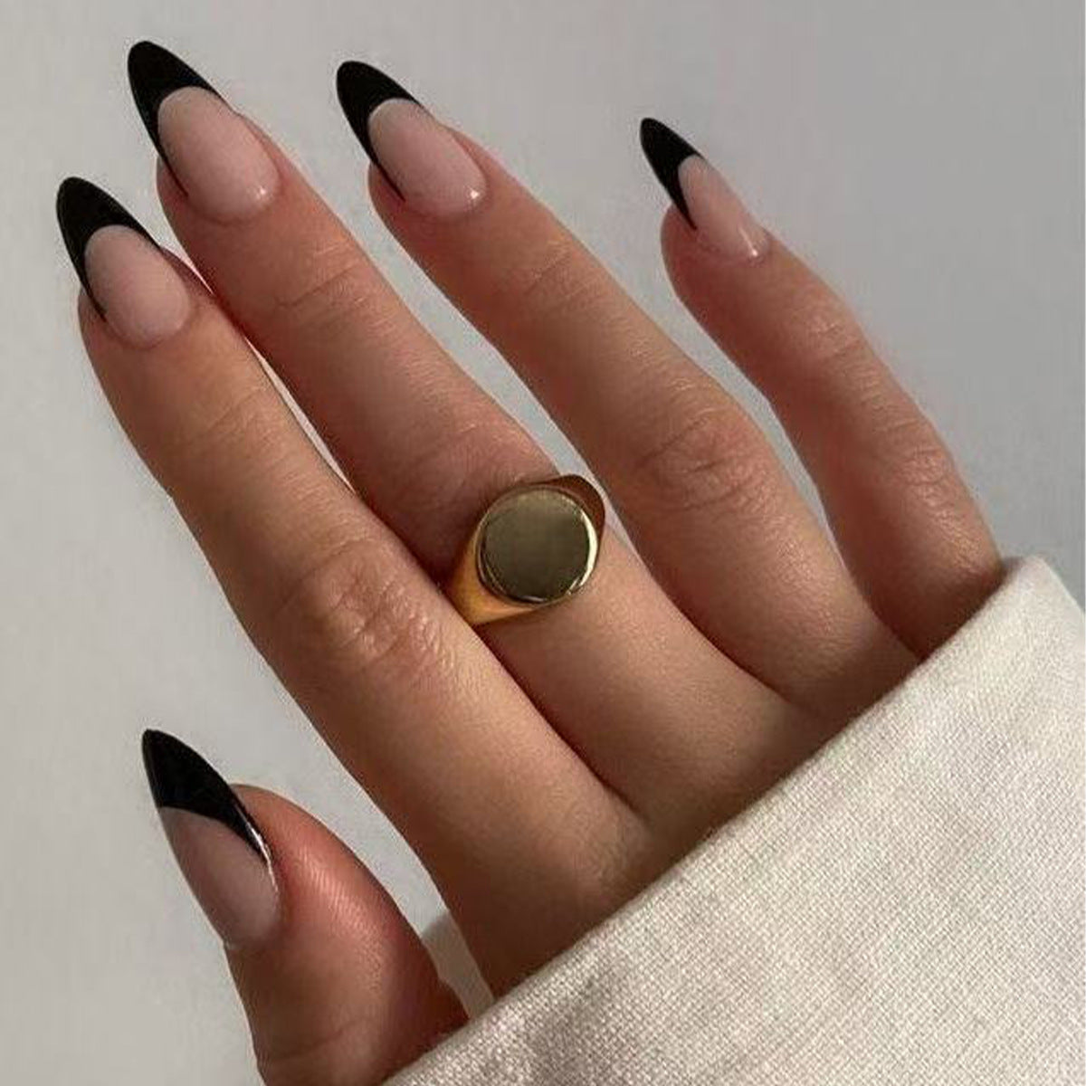 Elegant Night Black Long Almond Press on Nails in Ombre Design with Bold Tips