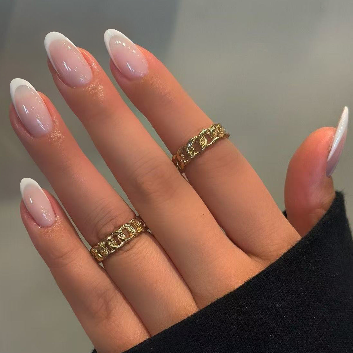 Elegant Dreamy Medium Almond Ombre White and Pink Nail Set with Luxe Gloss Finish