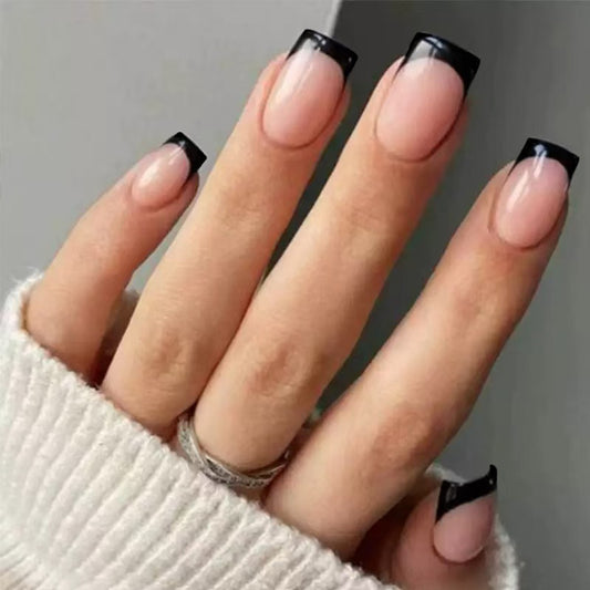 Elegance Unleashed Short Square Gradient Pink with Bold Black Tips Press On Nail Set