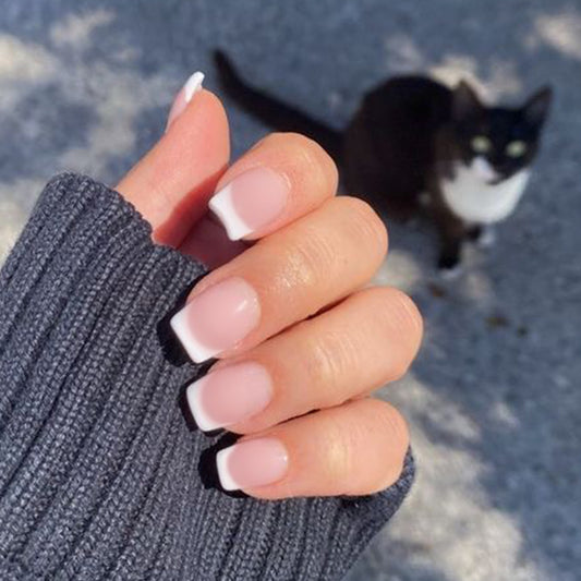 Chic Elegance Short Square Soft Pink with Classic White Tips and Glossy Finish Nail Set
