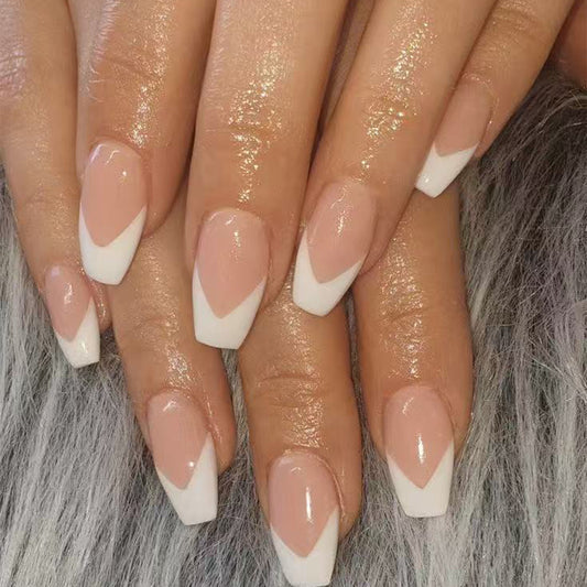 Chic Elegance Medium Coffin Pink and White French Tip Press On Nail Set with Glossy Finish