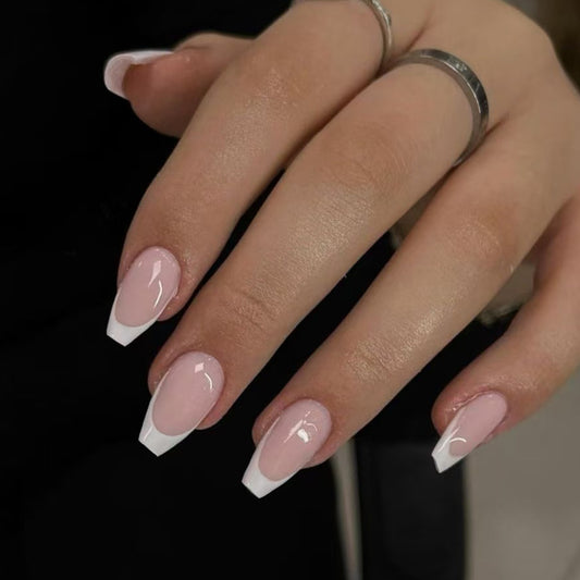 Elegance of Chic Fashion Medium Coffin Pink with White Tips Glossy Finish Press On Nail Set