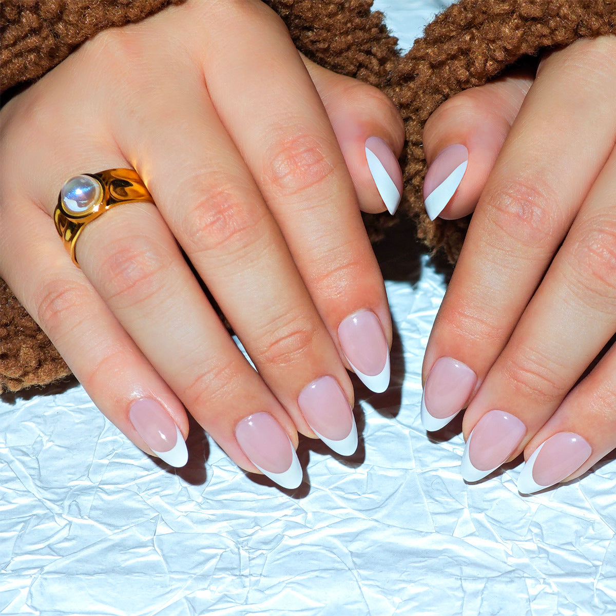 Elegant Dreamy Press on Nails in Medium Almond Style Soft Pink with White Tip Ombre Design