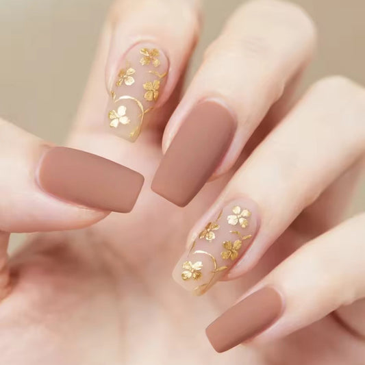 Botanical Elegance Long Square Matte Brown Press On Nail Set with Delicate Floral Design