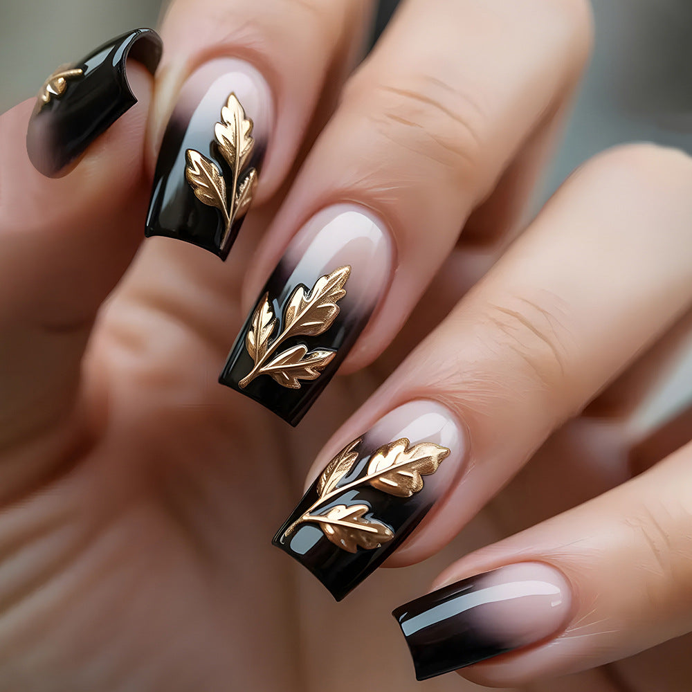 Autumn Elegance Long Square Black Ombre with Gold Leaf Detail Press On Nail Set