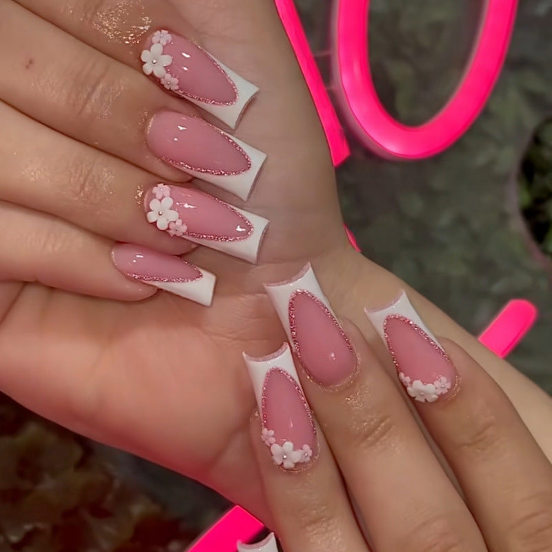 Floral Elegance Long Square Pink with Charming Flower Accent Press On Nail Set