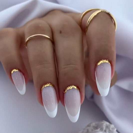 Elegant Gold Trim Medium Stiletto White Press On Nail Set