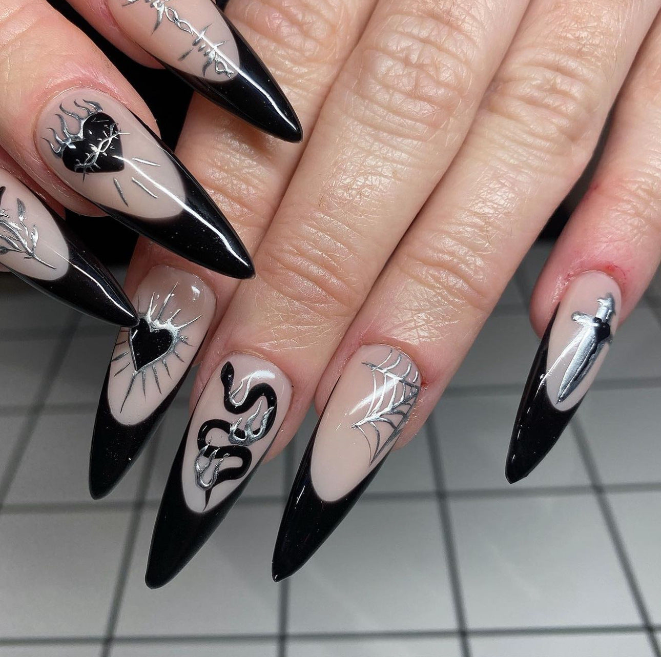 Gothic Glam Long Stiletto Black Press On Nail Set with Intricate Spider Web Design