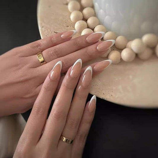 Elegant Twilight Medium Stiletto Beige with White Tip Press On Nail Set