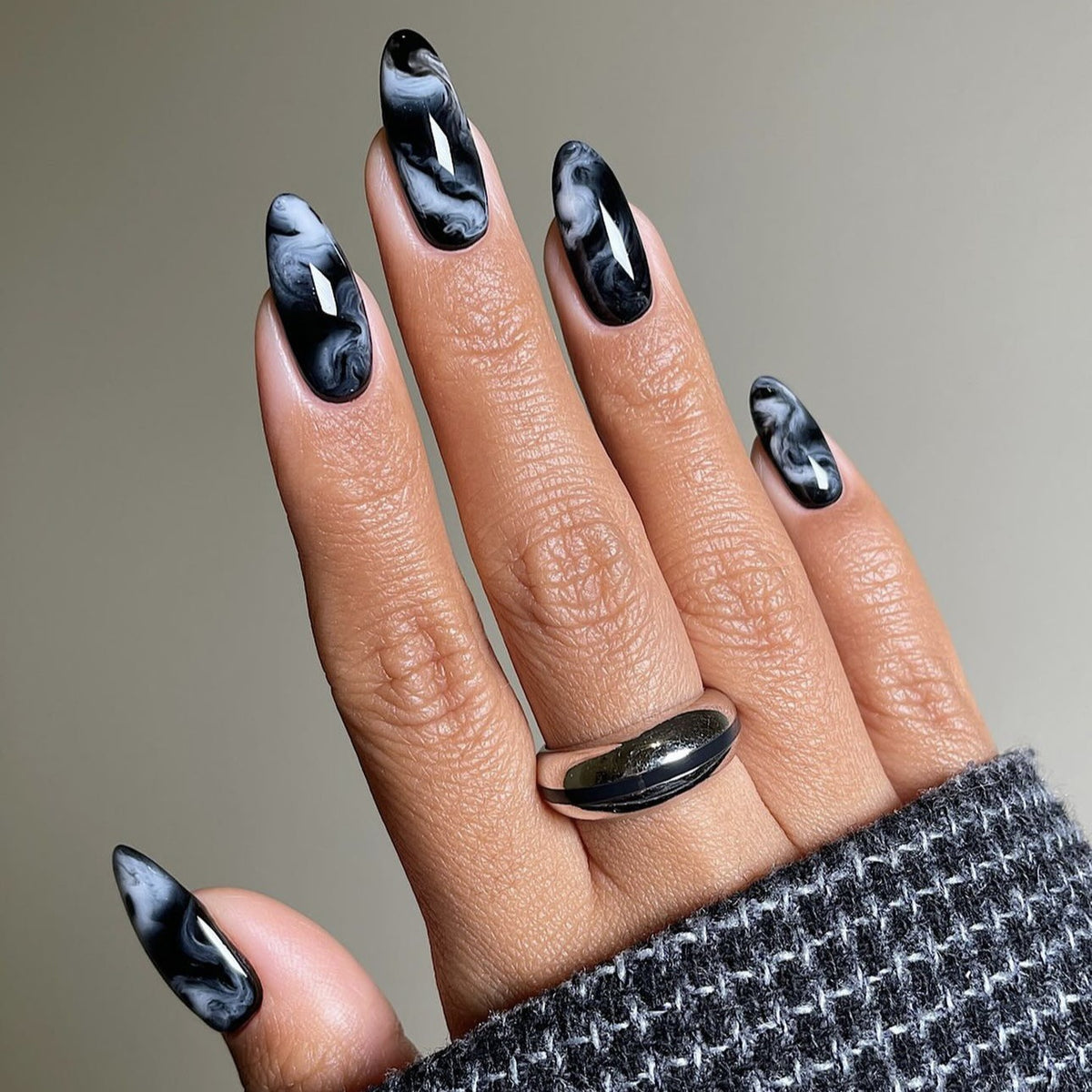 Mystical Black Marble Long Oval Press-On Nail Set with Glossy Finish