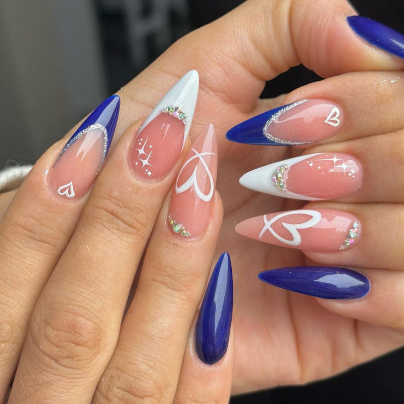 Glamorous Starlit Long Stiletto Blue and White Press On Nail Set with Shimmering Heart Accents
