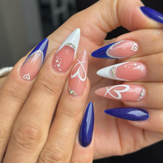Glamorous Starlit Long Stiletto Blue and White Press On Nail Set with Shimmering Heart Accents