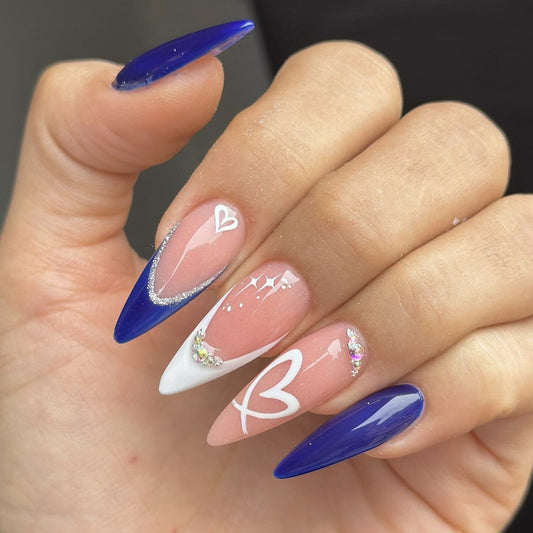 Enchanted Elegance Long Stiletto Blue with Heart and Glitter Accents Press-On Nail Set