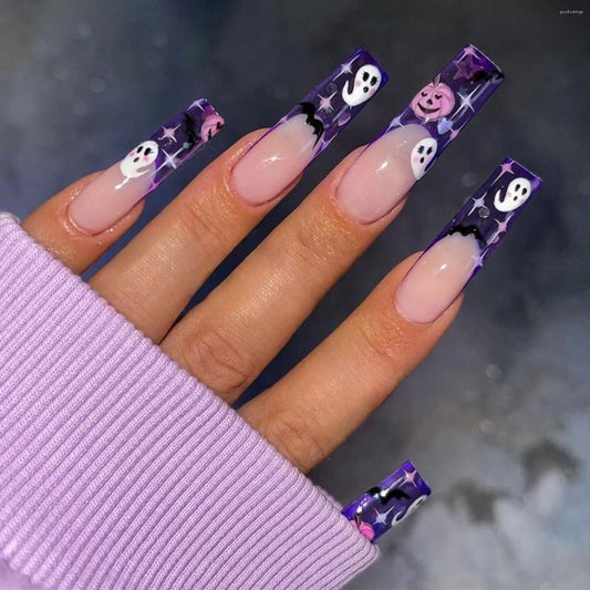 Spooky Vibes Long Square Purple Halloween Nail Set with Ghost and Pumpkin Design