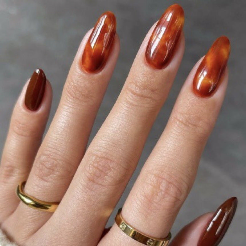 Autumn Vibes Medium Almond Burnt Orange Nail Set with Unique Marble Finish