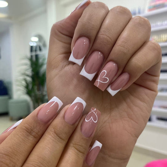 Romantic Delight Medium Square Pink Ombre Tips with Heart Accent Press On Nail Set