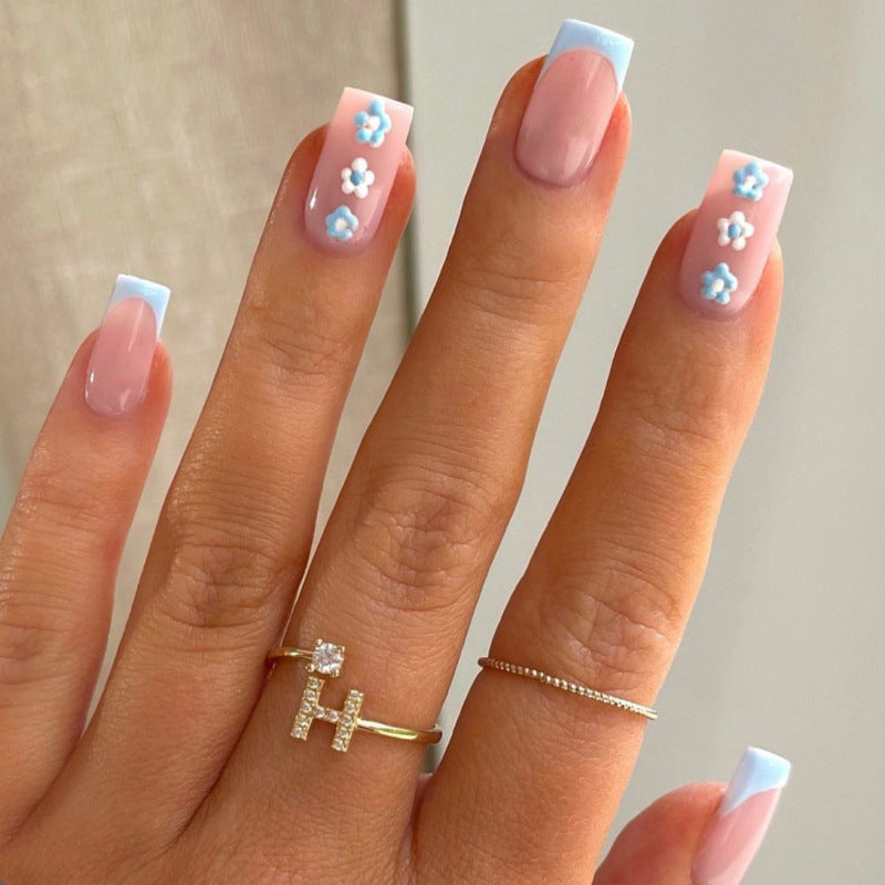 Floral Fantasy Medium Square Pink with Blue Tips and Delicate Flower Accents Press on Nail Set