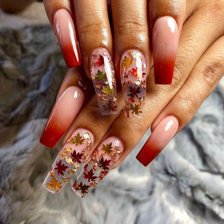 Autumn Elegance Long Square Rose Gold Leaf Press On Nail Set