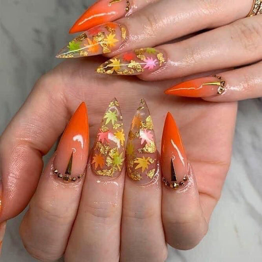 Autumn Elegance Long Stiletto Orange with Vibrant Leaf Accents Press on Nails Set
