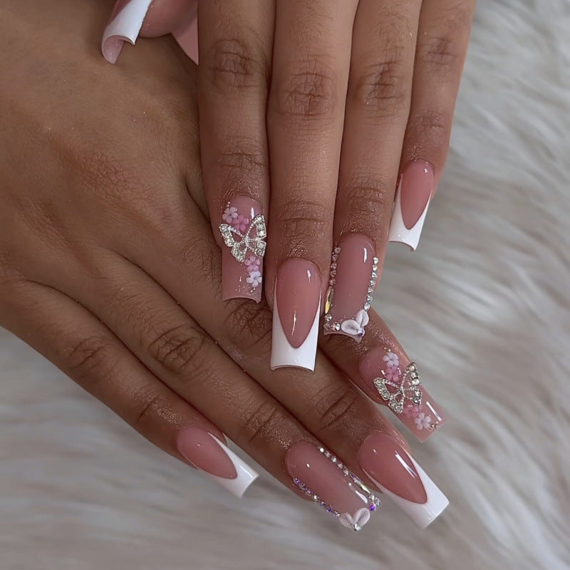Enchanting Elegance Long Square Pink with Glamorous Butterfly Accent Press Nail Set