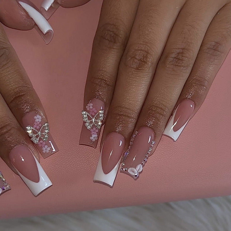 Charming Floral Elegance Long Square Pink Press on Nail Set with Glittering Butterfly Accents