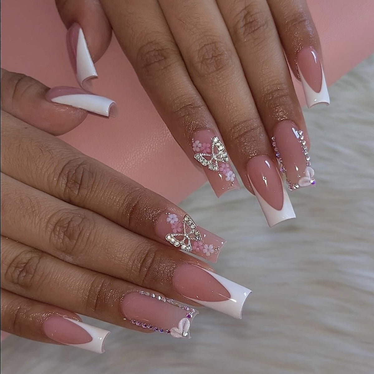 Dreamy Floral Elegance Long Square Pink with Sparkling Rhinestones