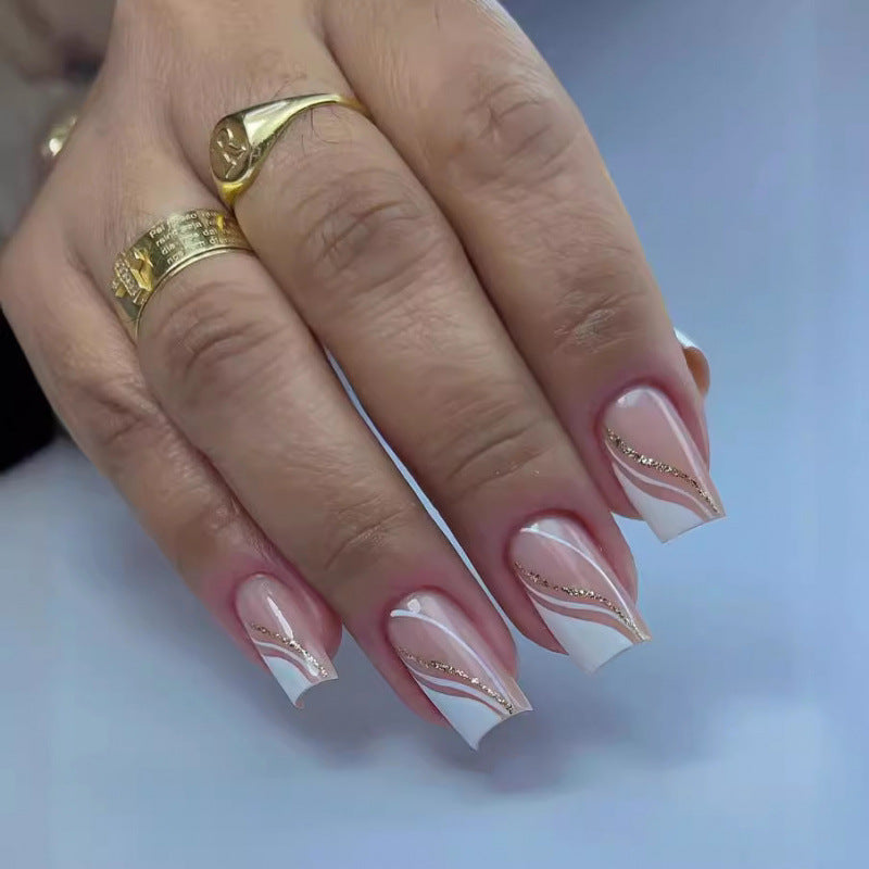 Glamorous Elegance Medium Square White and Gold Swirl Press On Nail Set