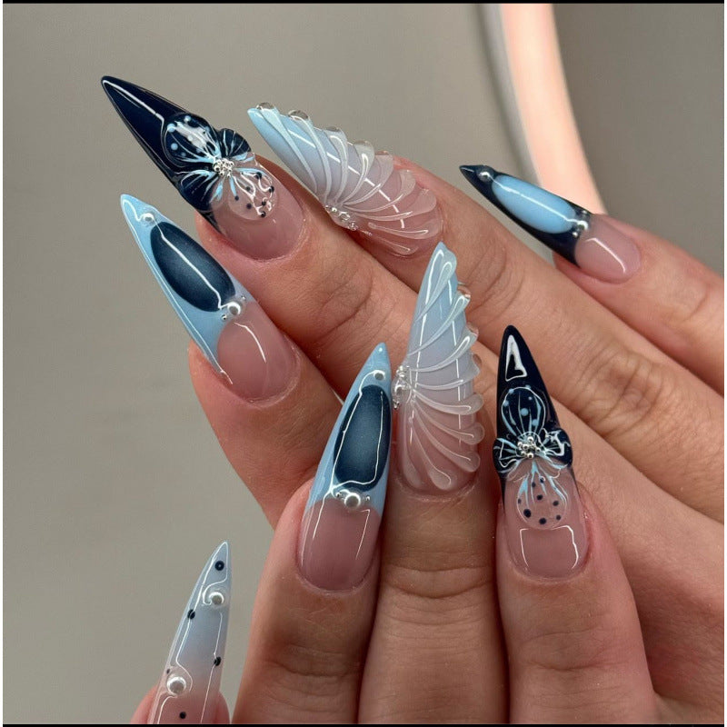 Celestial Dream Long Stiletto Blue with Unique Fluttering Design Press On Nail Set