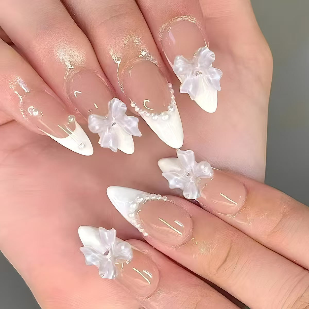 Elegant Floral Delight Long Almond White Nail Set with Three Dimensional Flower Accents