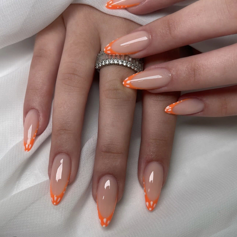 Tropical Vibes Long Almond Orange Tip Press-On Nail Set with Unique Floral Design