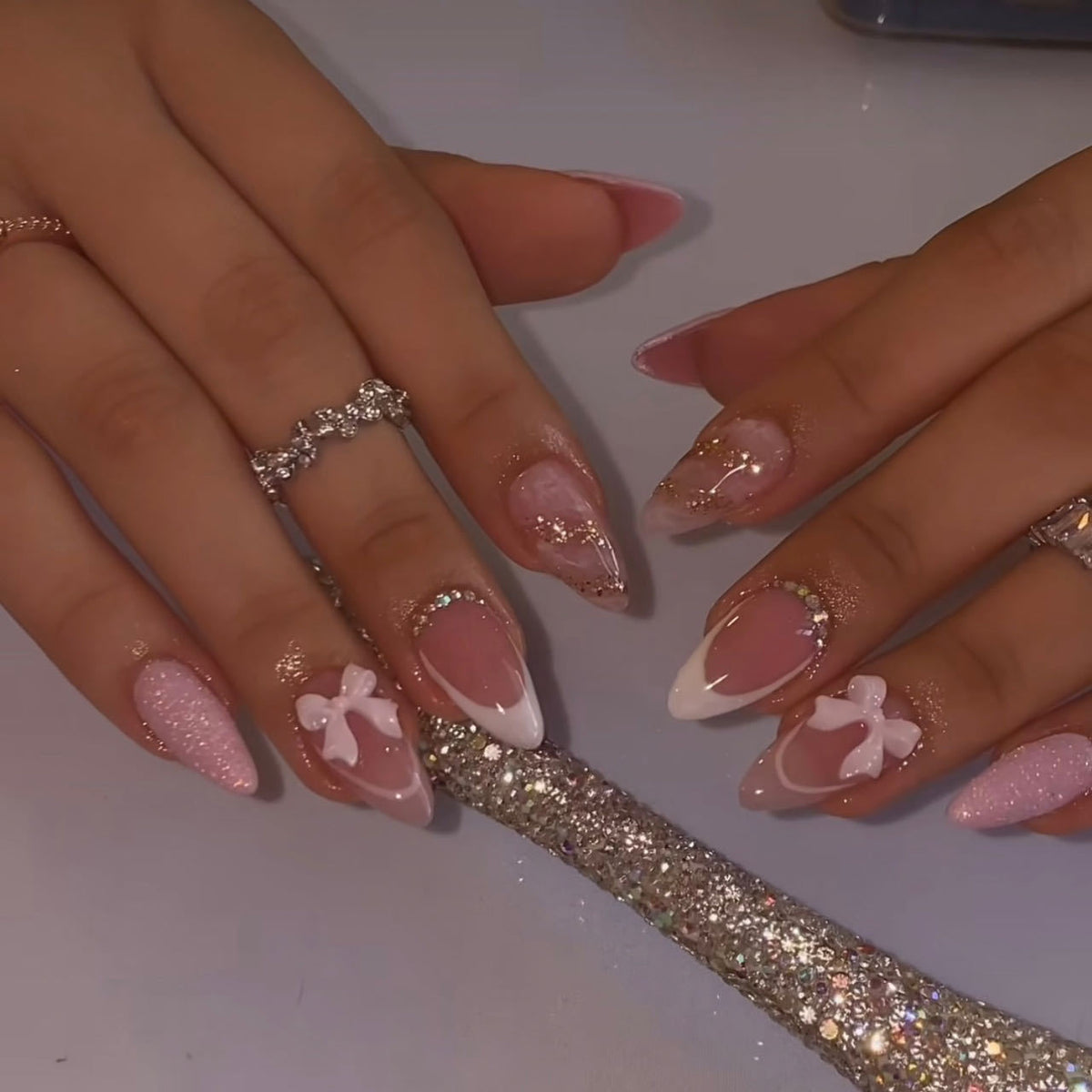 Whimsical Pink Medium Almond Press On Nail Set with Glitter Accent