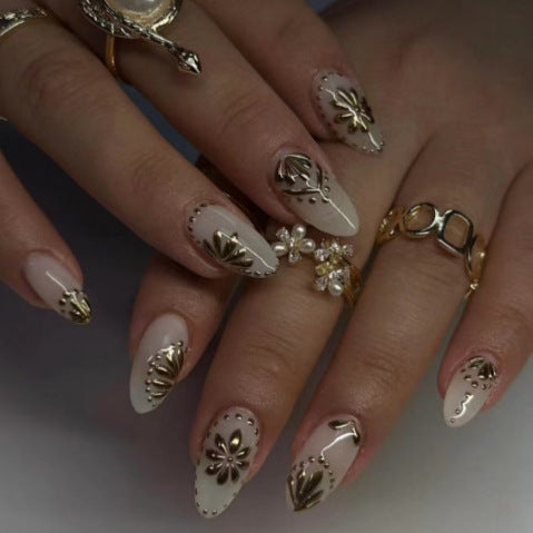 Glamorous Chic Medium Almond White Nail Set with Elegant Floral Accents