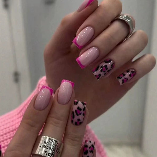Fierce Pink Themed Long Square Press On Nail Set with Fun Leopard Accent Design