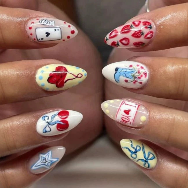 Playful Flirty Medium Almond White with Charming Detail Nail Set